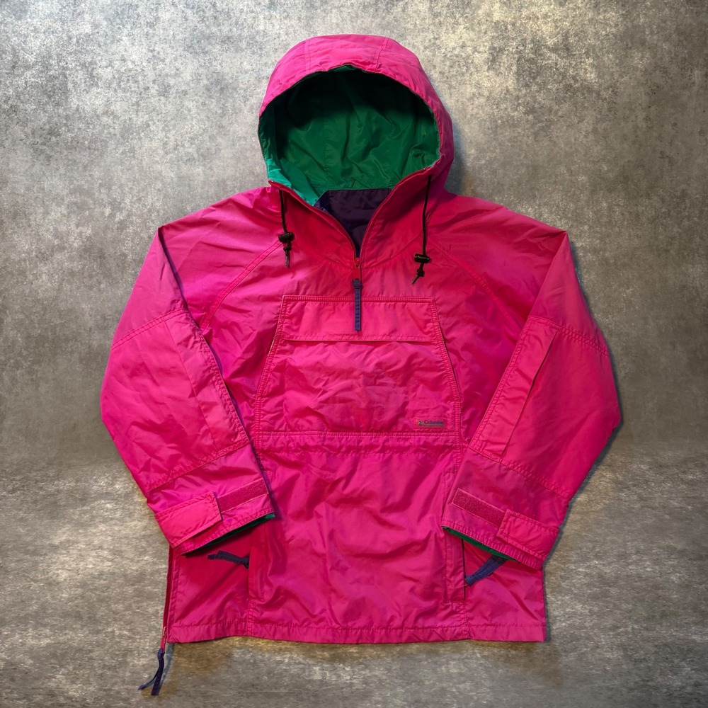 Vintage Columbia Radial Sleeve Anorak Jacket Women Medium Pink Teal Pullover 90s